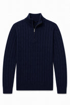 Men's Navy Blue 100% Cotton Fine Cable Knit Quarter Zip Neck Jumper CAVANI