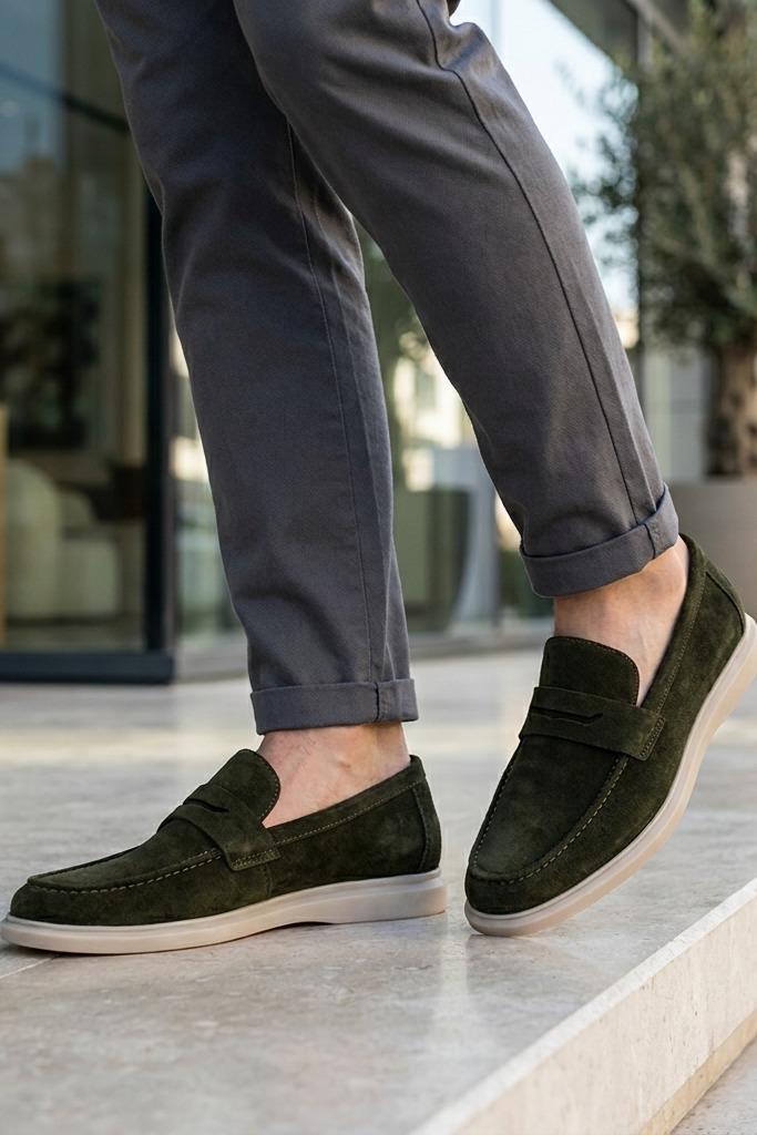 Men’s Milo Green Suede Leather Penny Loafers Sartorial Shoes