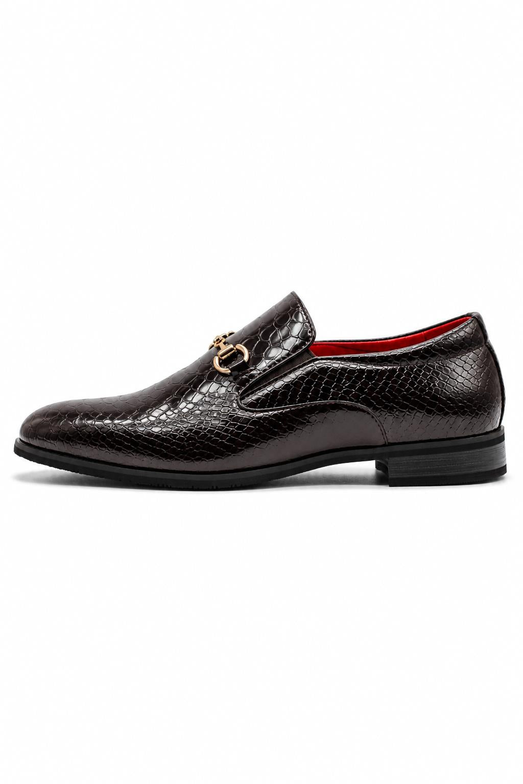 Men's Brown Patent Slip-On Loafers with Gold Snaffle Buckle Sartorial Shoes