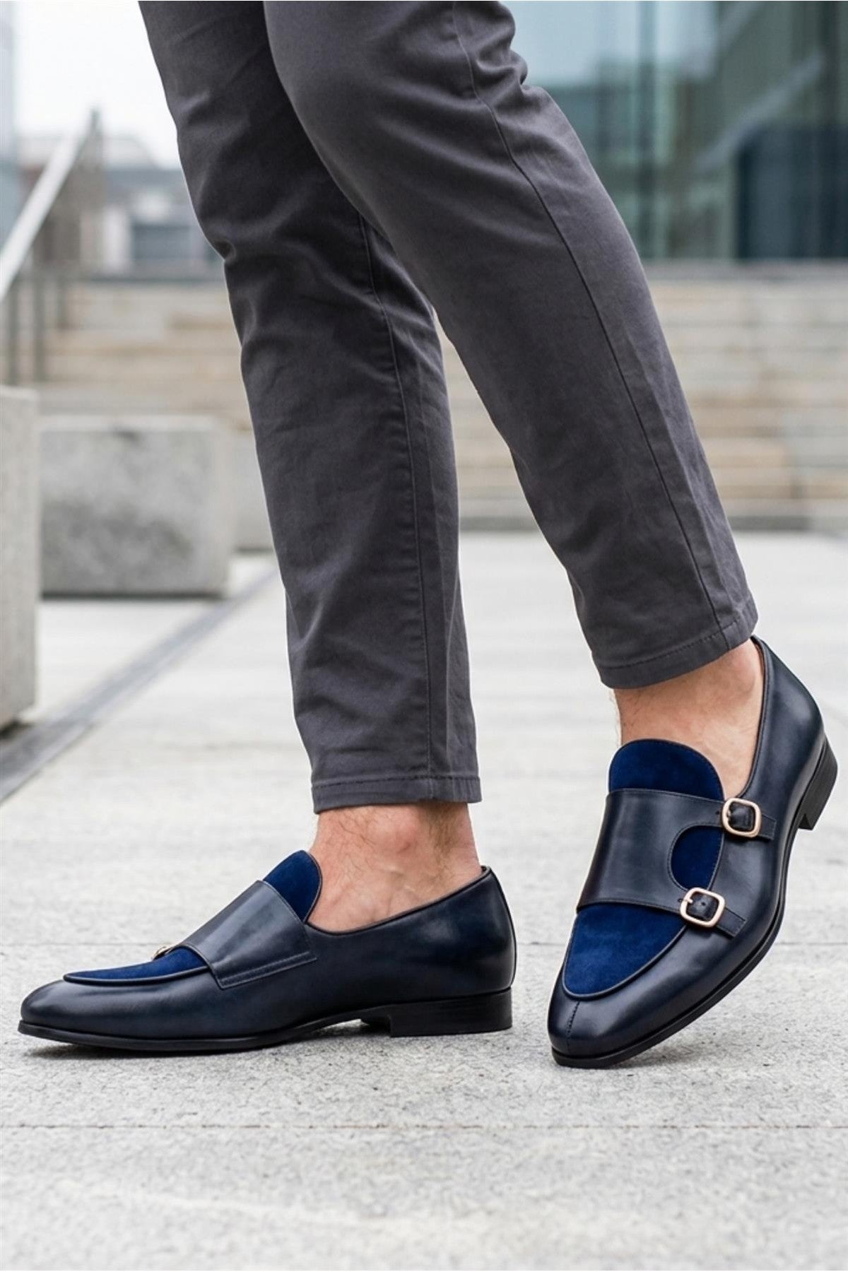 SOREN Men’s Navy Blue Leather & Suede Double Monk Shoes Sartorial Shoes
