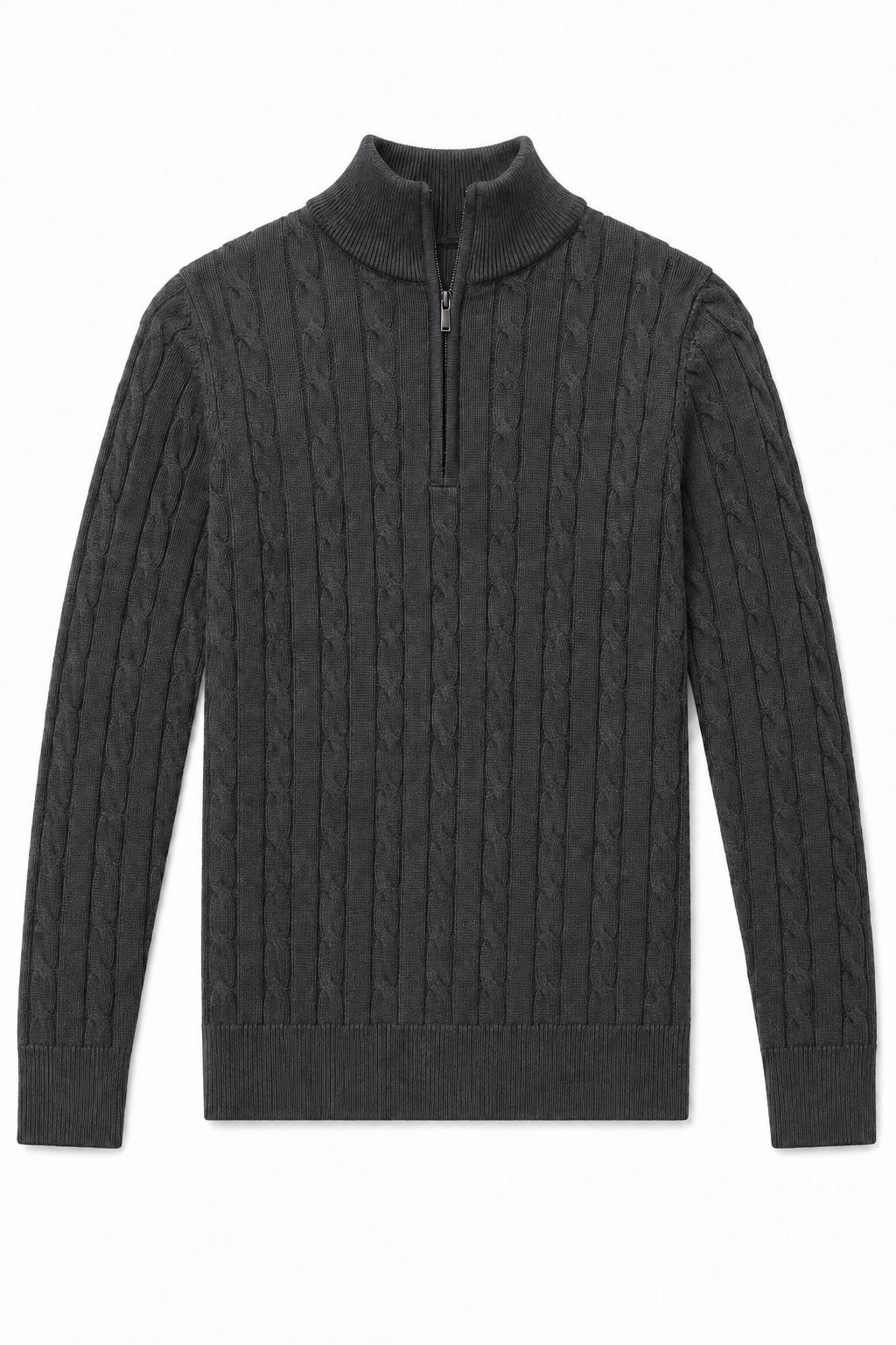 Men's Charcoal Grey 100% Cotton Fine Cable Knit Quarter Zip Neck Jumper CAVANI