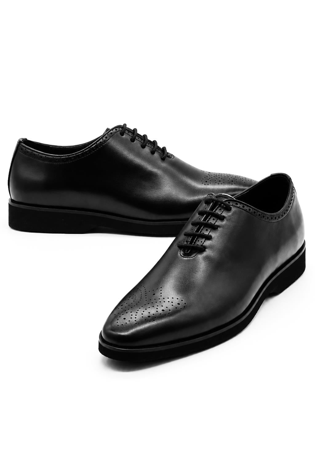 Men's Black Faux Leather Whole-Cut Oxford Brogue Shoes Sartorial Shoes