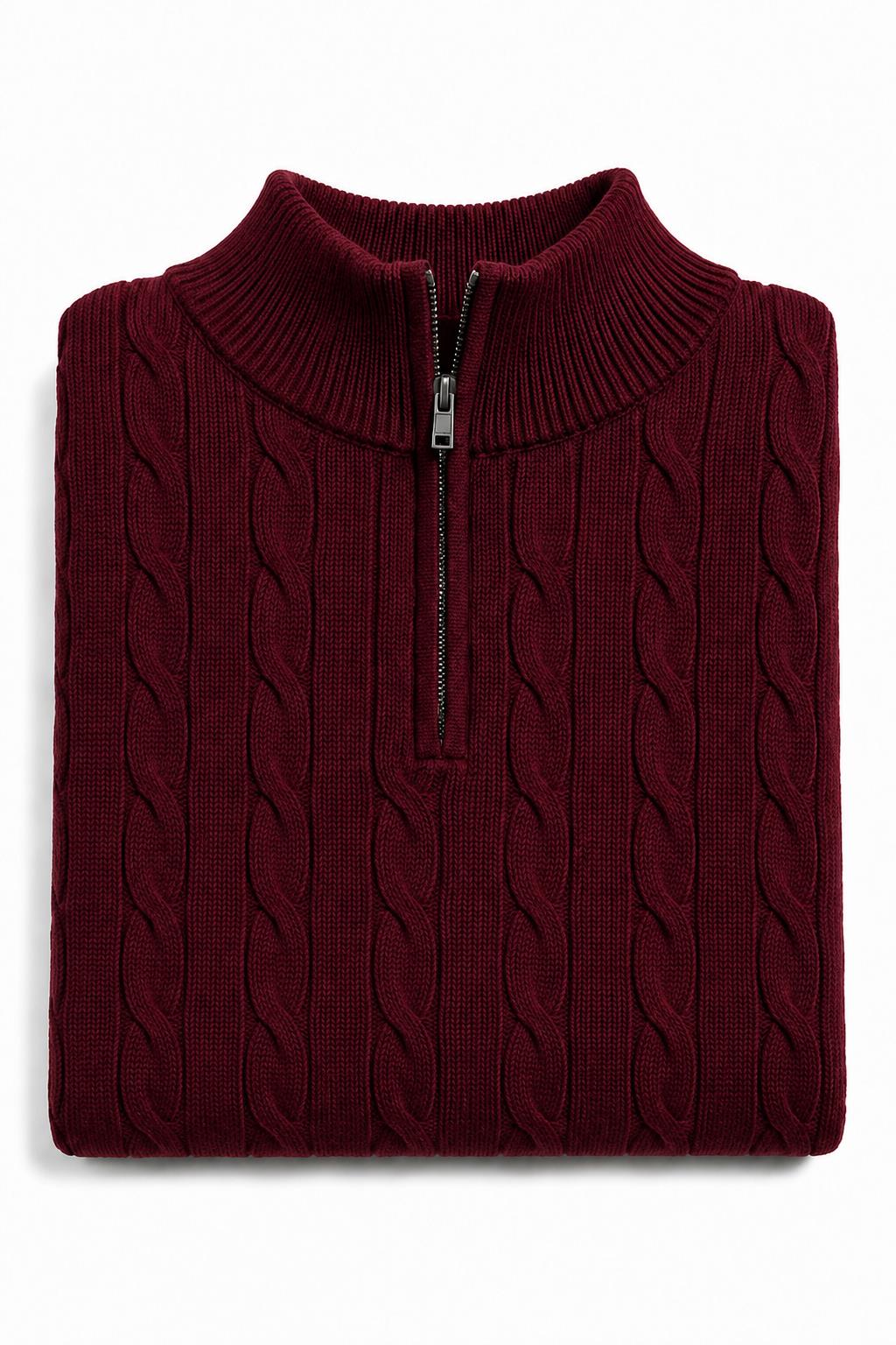 Men's Maroon 100% Cotton Fine Cable Knit Quarter Zip Neck Jumper CAVANI