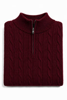 Men's Maroon 100% Cotton Fine Cable Knit Quarter Zip Neck Jumper CAVANI