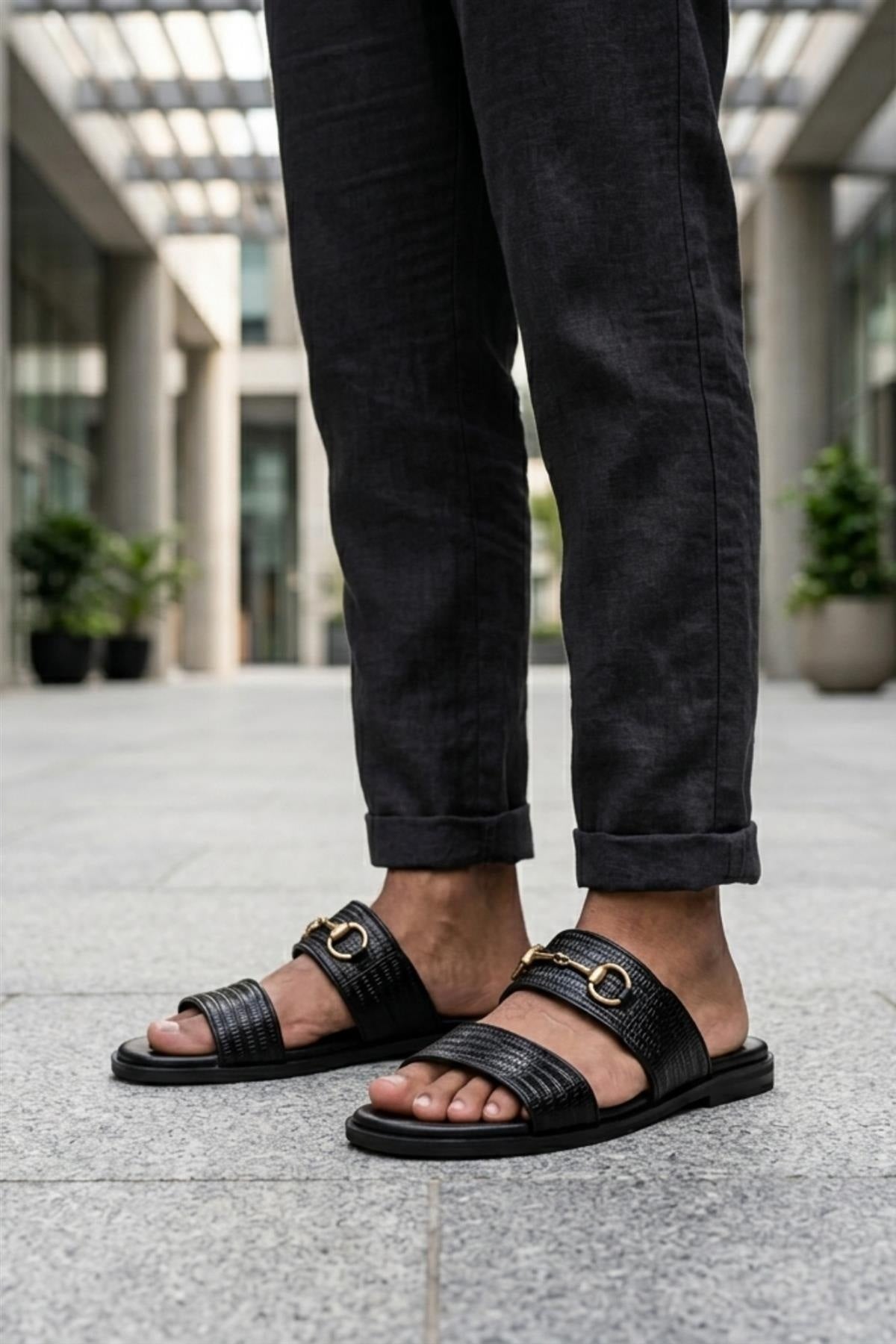 Men's Black Handmade Real Leather Snaffle Bit Open Toe Sandals Sartorial Shoes