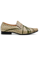 Men’s Cream & Green Snake-Effect Real Leather Loafers Sartorial Shoes