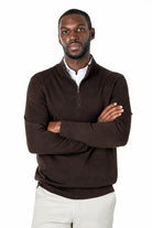 Men's Dark Brown 100% Cotton Fine Knit Quarter Zip Funnel Neck Jumper CAVANI