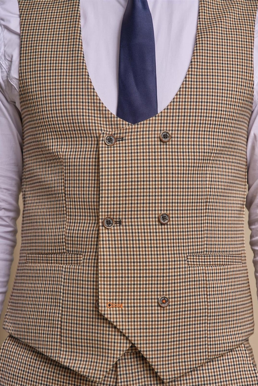MENS ELWOOD HOUNDSTOOTH TAN THREE PIECE SUIT CAVANI
