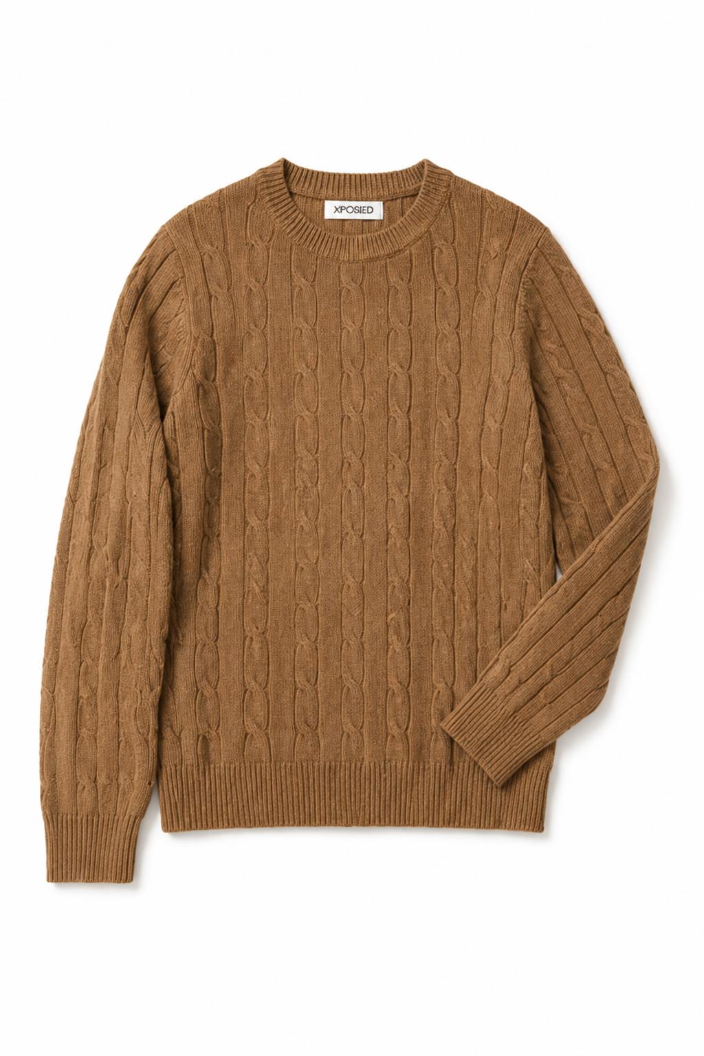 Men's Camel 100% Cotton Fine Cable Knit Crew Neck Jumper CAVANI