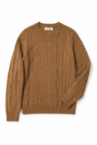 Men's Camel 100% Cotton Fine Cable Knit Crew Neck Jumper CAVANI
