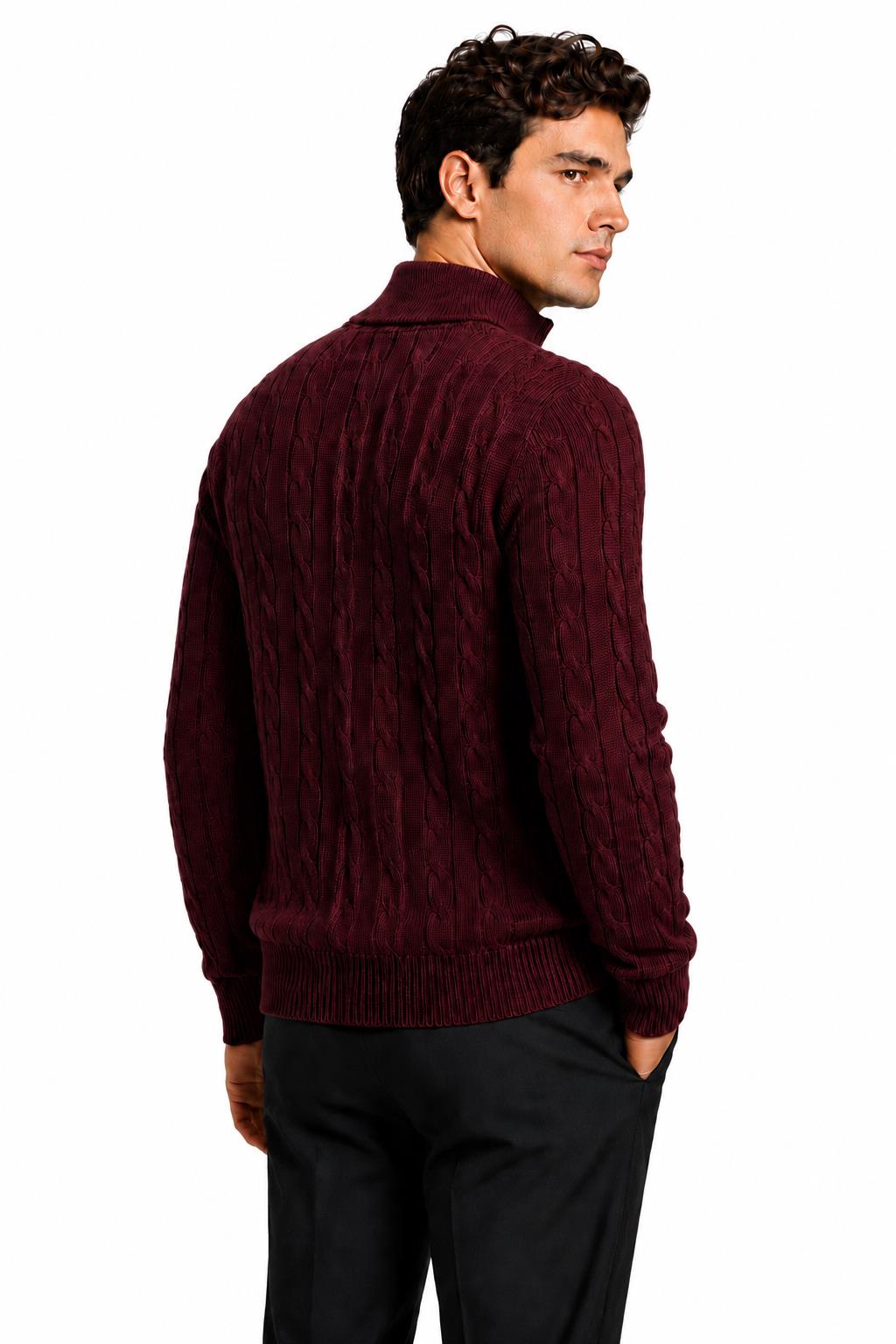 Men's Maroon 100% Cotton Fine Cable Knit Quarter Zip Neck Jumper CAVANI