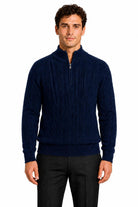 Men's Navy Blue 100% Cotton Fine Cable Knit Quarter Zip Neck Jumper CAVANI