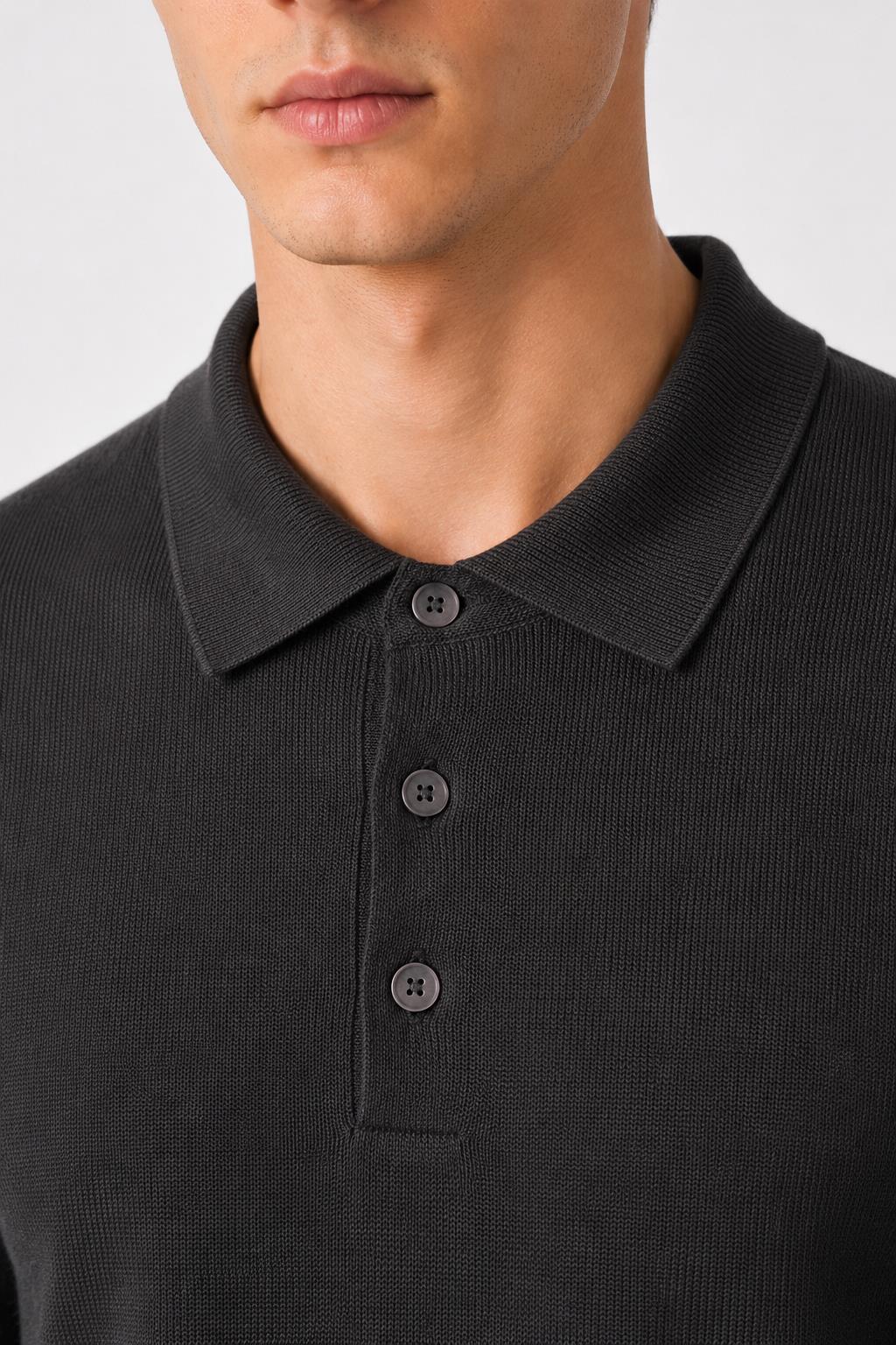 Men's Grey 100% Cotton Fine Knit Button Neck Polo Jumper CAVANI