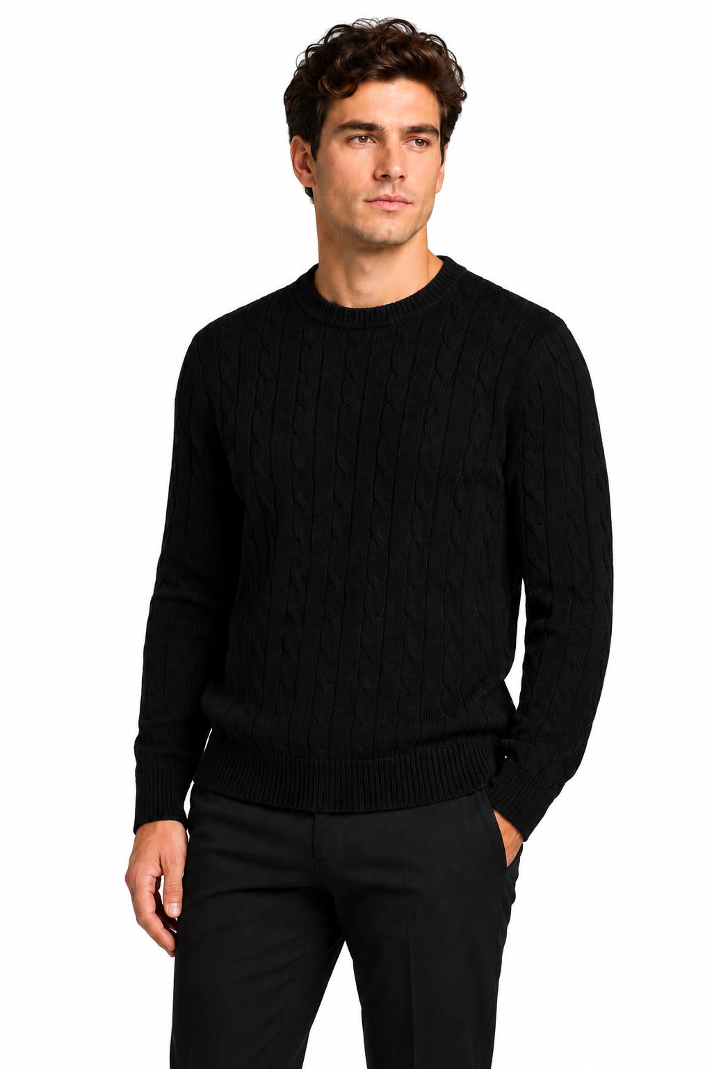 Men's Black 100% Cotton Fine Cable Knit Crew Neck Jumper CAVANI
