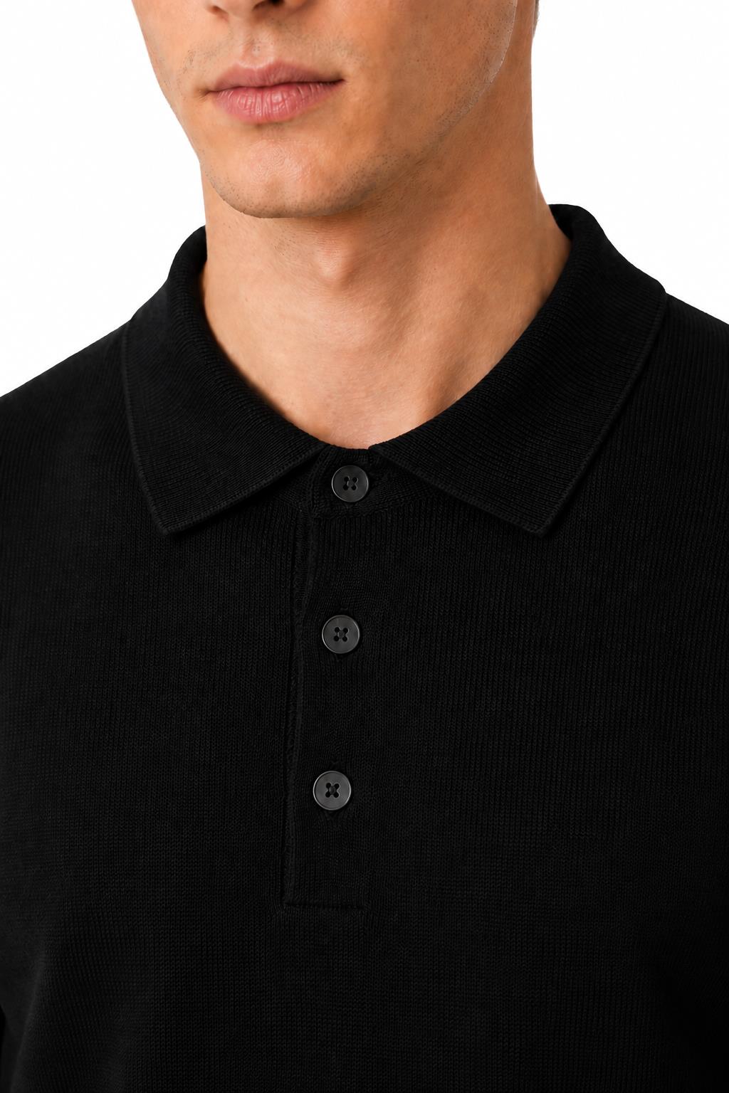 Men's Black 100% Cotton Fine Knit Button Neck Polo Jumper CAVANI