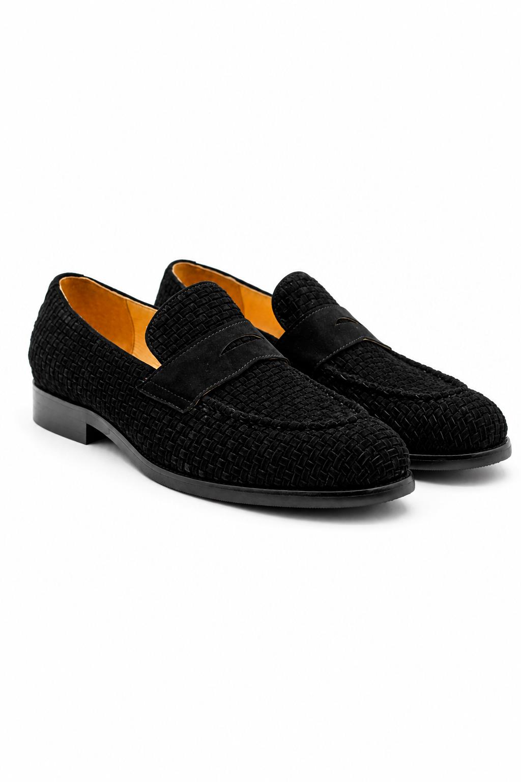 BRIO Men’s Black Woven Suede Leather Penny Loafers Sartorial Shoes
