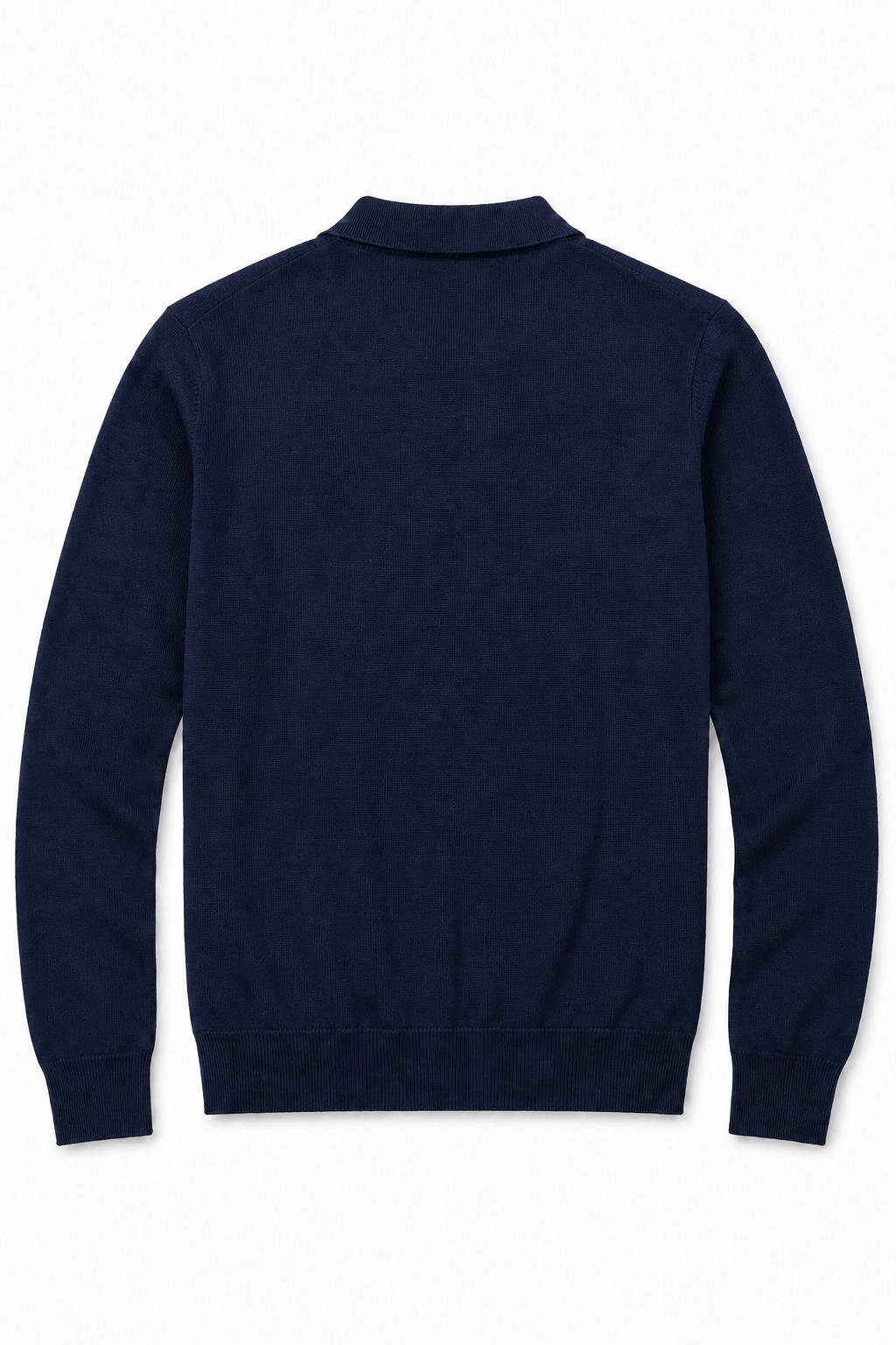 Men's Navy 100% Cotton Fine Knit Button Neck Polo Jumper CAVANI