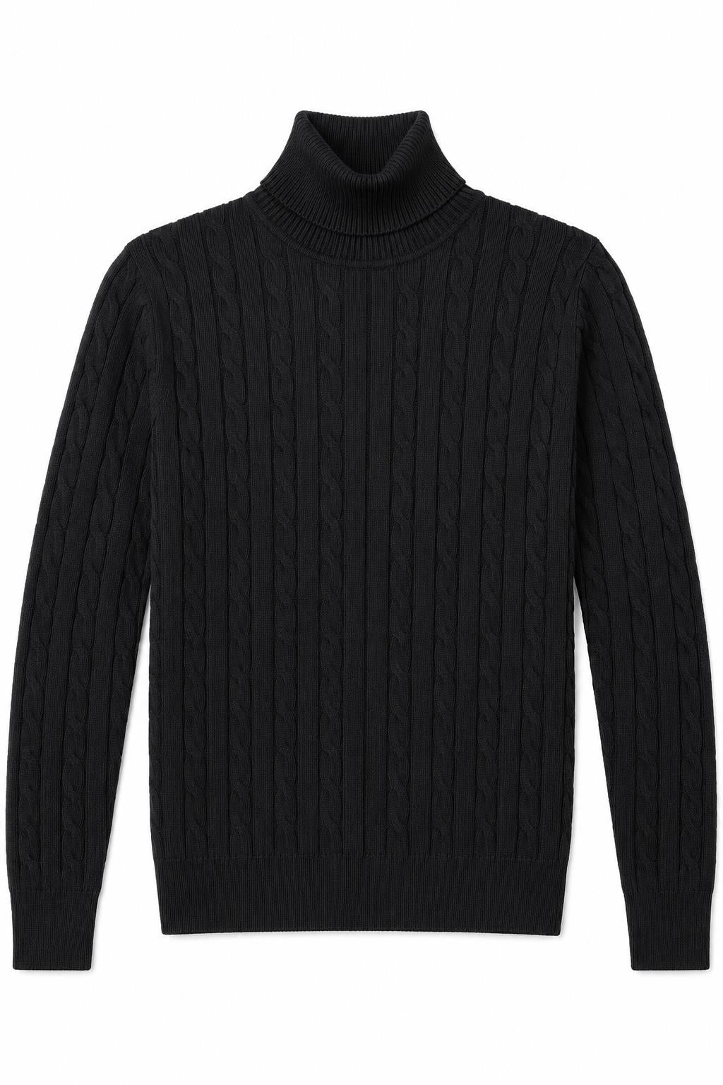 Men's Black 100% Cotton Fine Cable Knit Roll Neck Jumper CAVANI