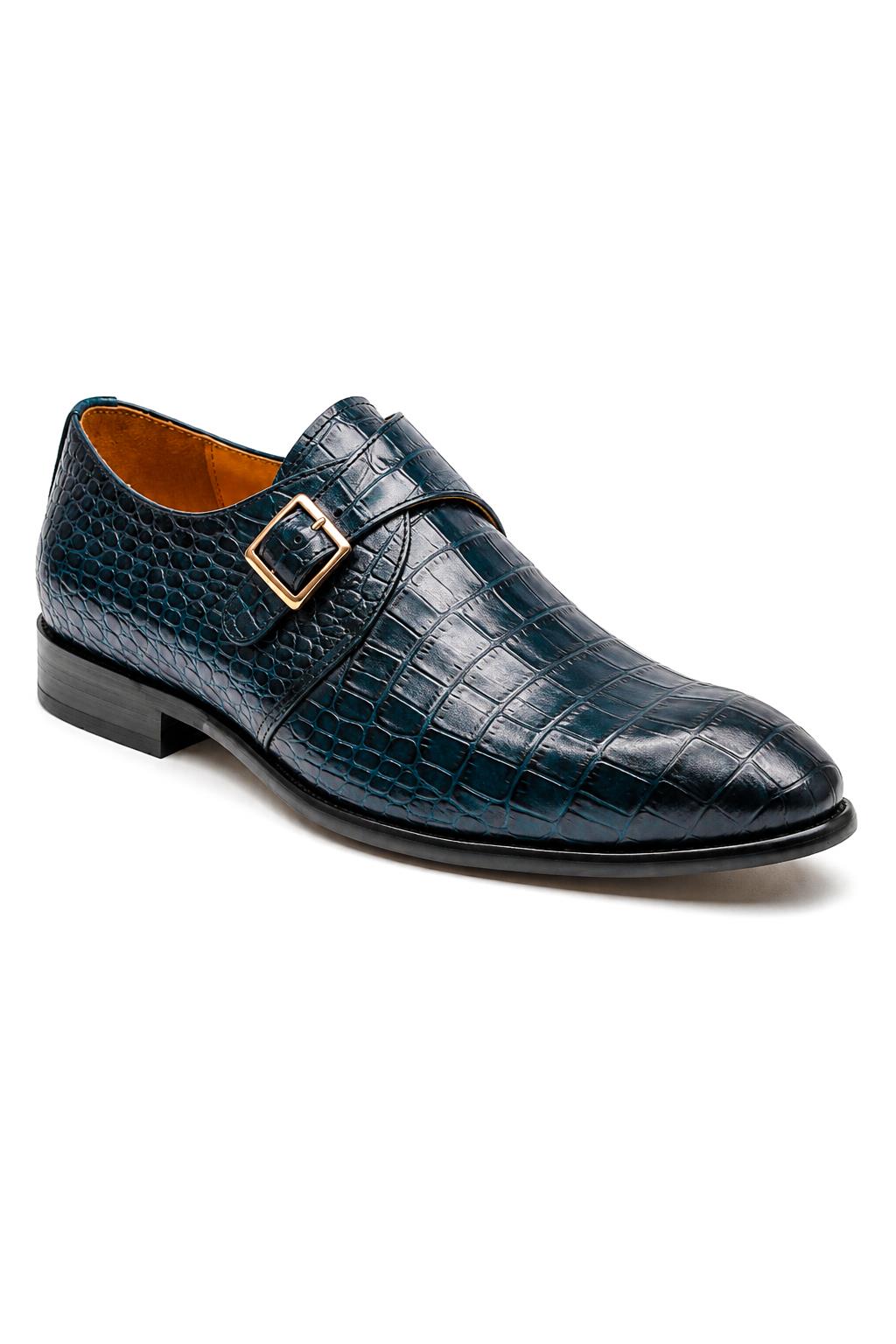 VALE Men’s Dark Blue Croc-Embossed Leather Monk Strap Shoes Sartorial Shoes
