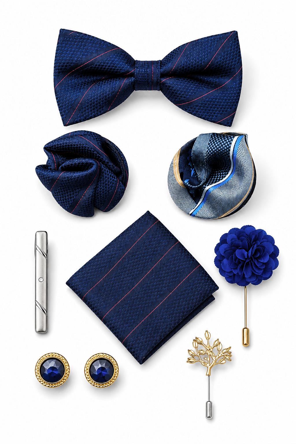 Men’s Navy Blue Stripe 8-Piece Tie & Bow Tie Wedding Gift Set Sartorial Shoes
