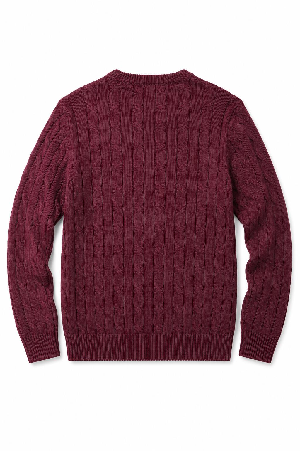 Men's Maroon 100% Cotton Fine Cable Knit Crew Neck Jumper CAVANI