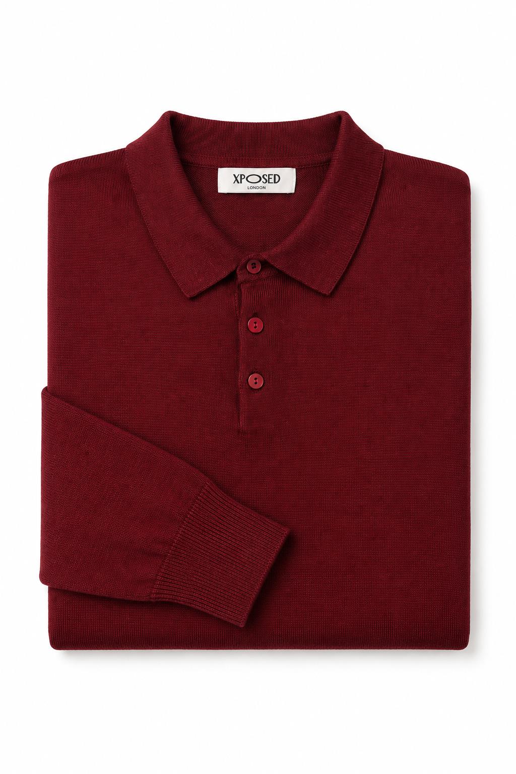 Men's Maroon 100% Cotton Fine Knit Button Neck Polo Jumper CAVANI