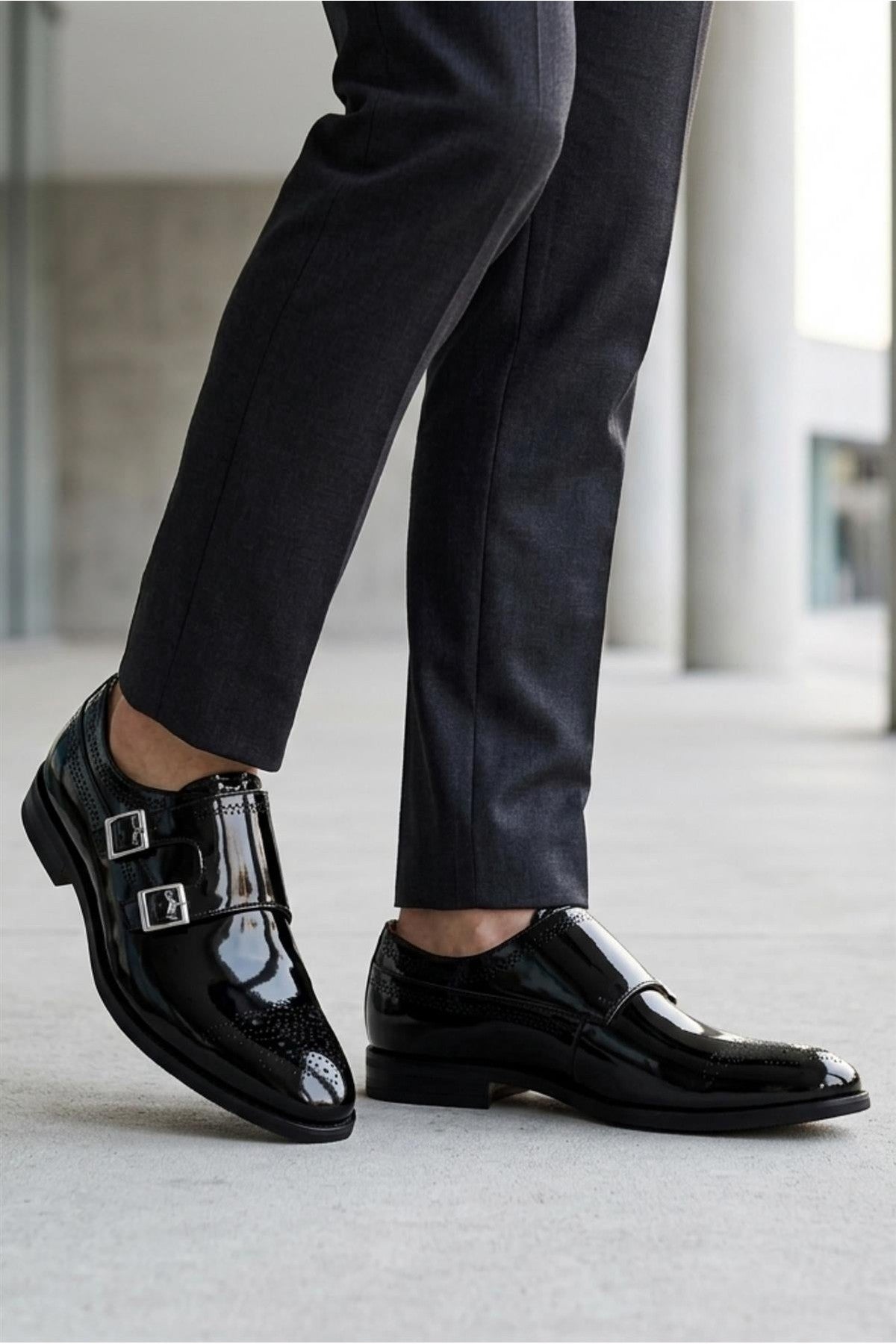 ROAN Men’s Black Hi-Shine Patent Leather Monk Dress Shoes Sartorial Shoes