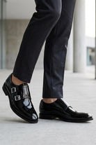 ROAN Men’s Black Hi-Shine Patent Leather Monk Dress Shoes Sartorial Shoes