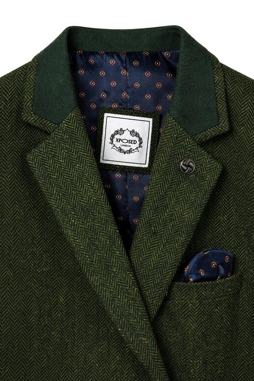 Men's Olive Green Herringbone Wool Blend Tailored Fit Overcoat CAVANI