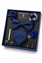 Men’s Navy Blue Stripe 8-Piece Tie & Bow Tie Wedding Gift Set Sartorial Shoes