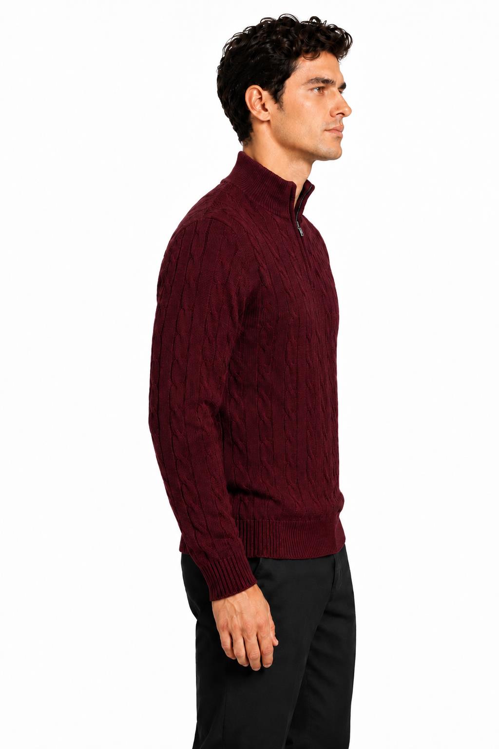 Men's Maroon 100% Cotton Fine Cable Knit Quarter Zip Neck Jumper CAVANI