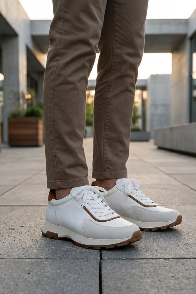 Men's White Handmade Real Leather Trainers Sartorial Shoes