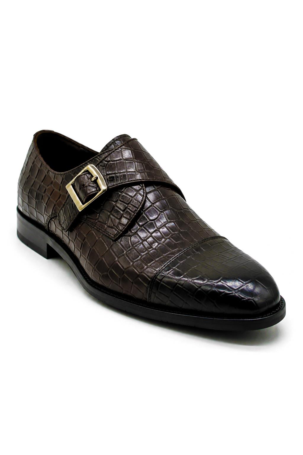 ELAN - Men's Coffee Brown Croc Embossed Leather Single Monk Strap Shoes Sartorial Shoes