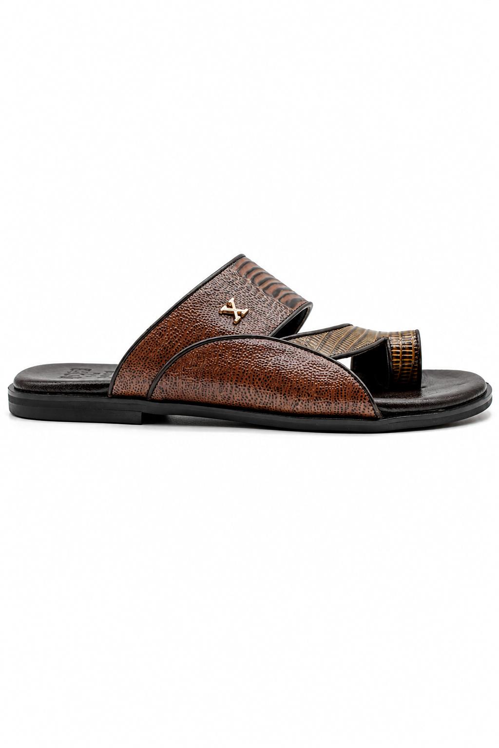 Men's Brown Handmade Real Leather Polished Printed Toe Loop Sandals Sartorial Shoes