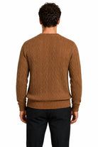 Men's Camel 100% Cotton Fine Cable Knit Crew Neck Jumper CAVANI
