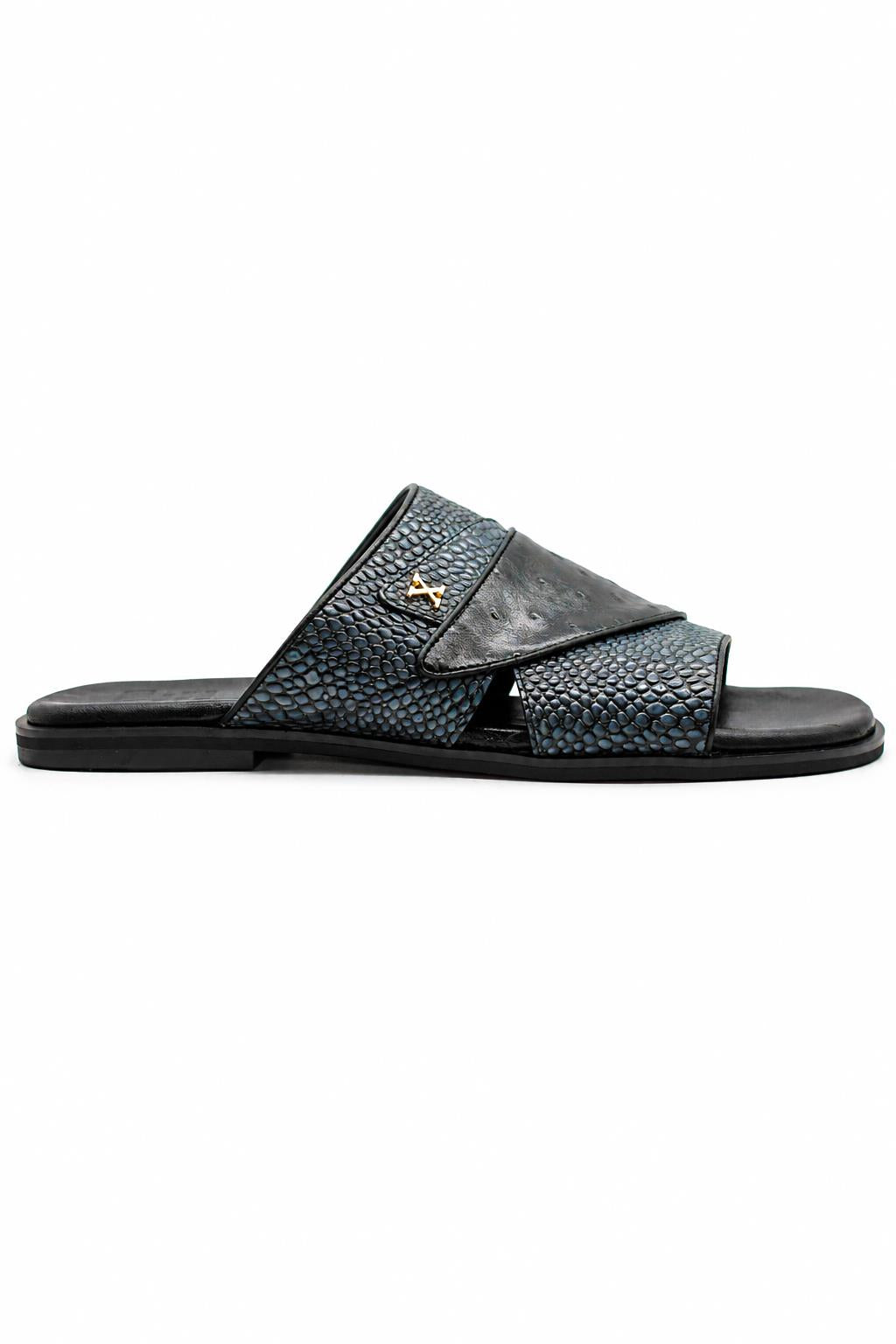Men's Black & Grey Handmade Real Leather Open Front Slide Sandals Sartorial Shoes