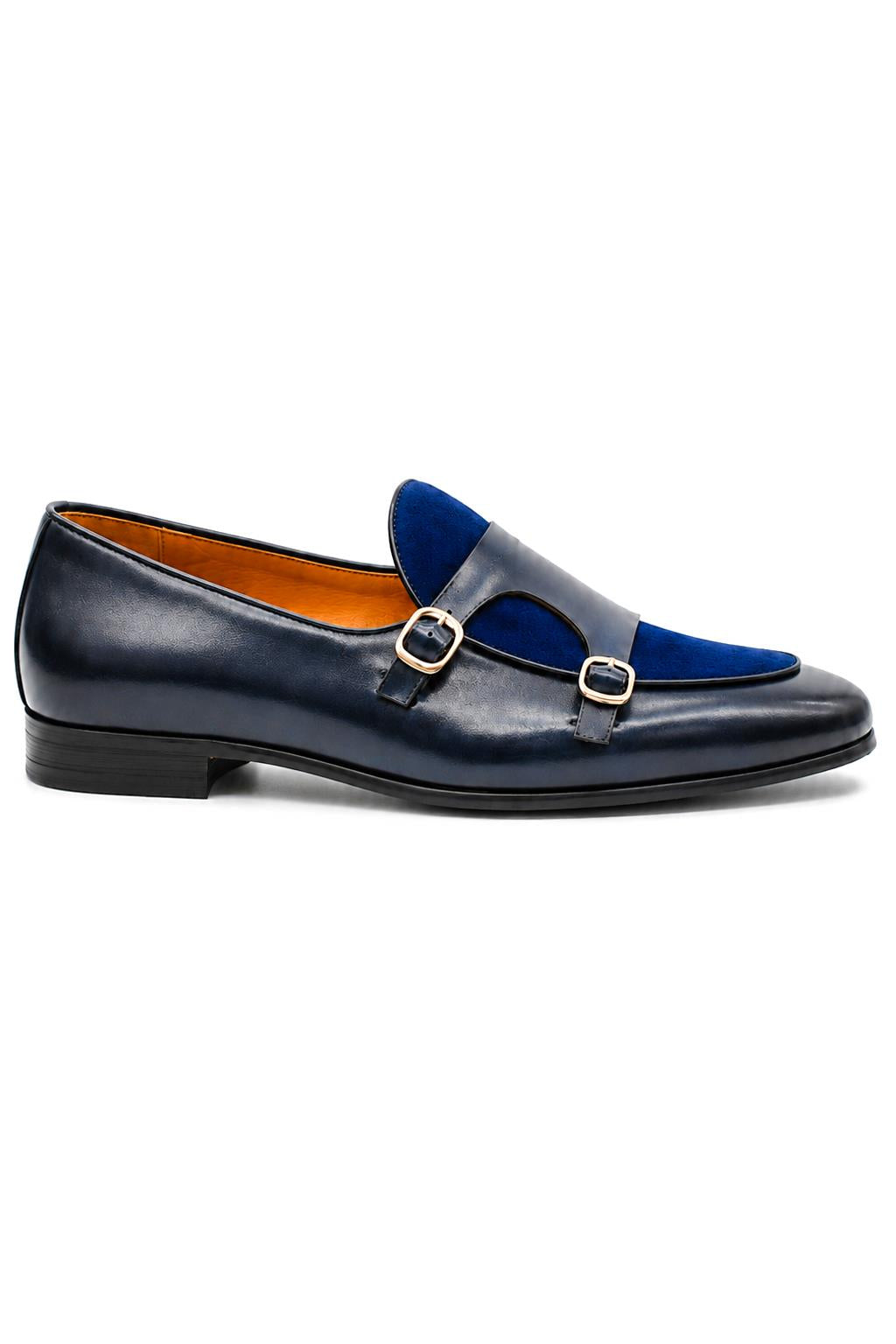 SOREN Men’s Navy Blue Leather & Suede Double Monk Shoes Sartorial Shoes