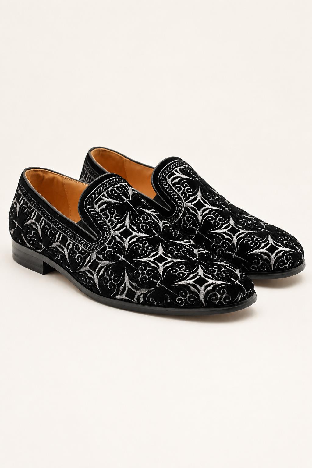 VITO Men’s Black Silver Embroidered Velvet Real Leather Party Loafers Sartorial Shoes