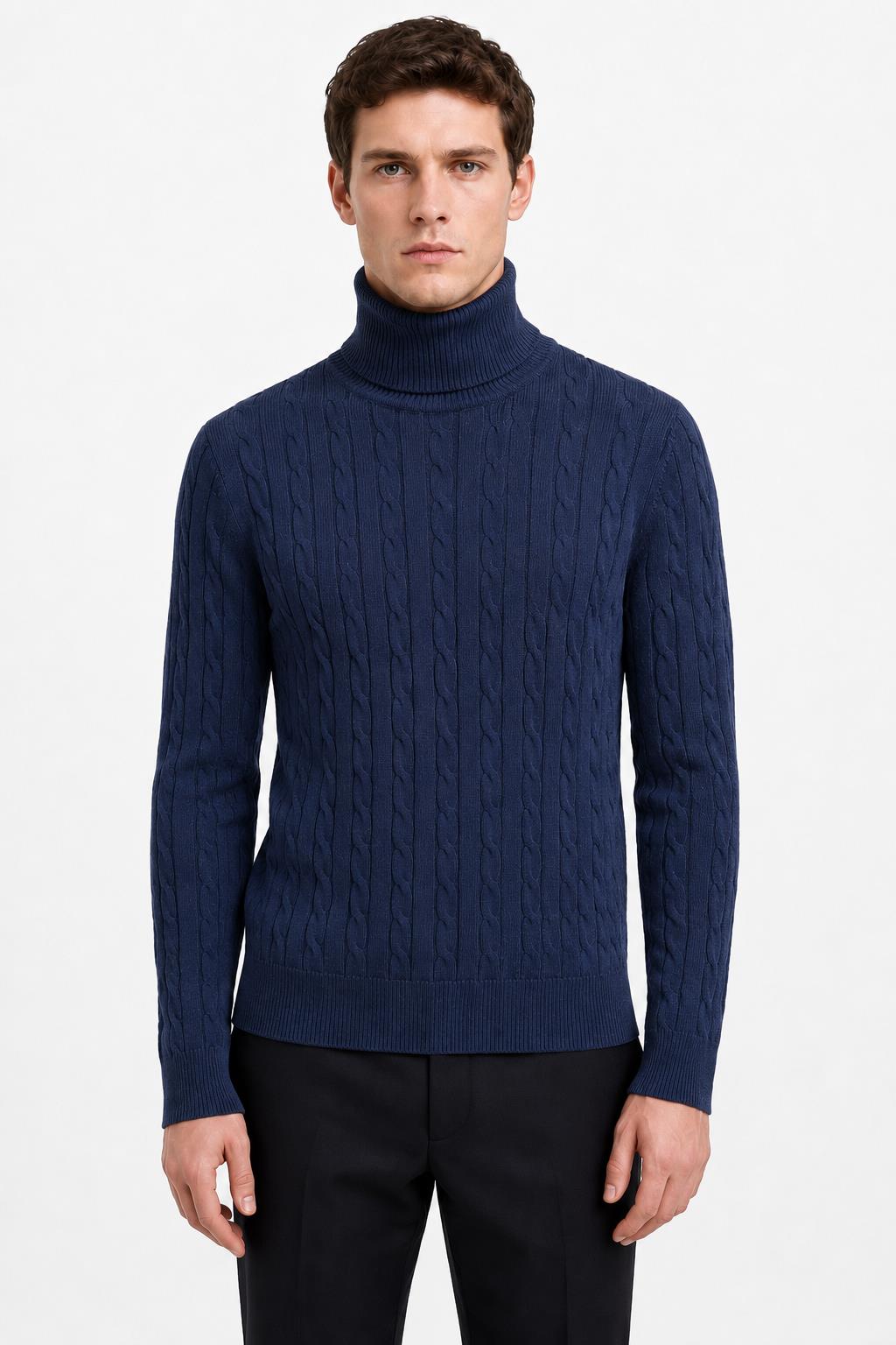 Men's Navy 100% Cotton Fine Cable Knit Roll Neck Jumper CAVANI