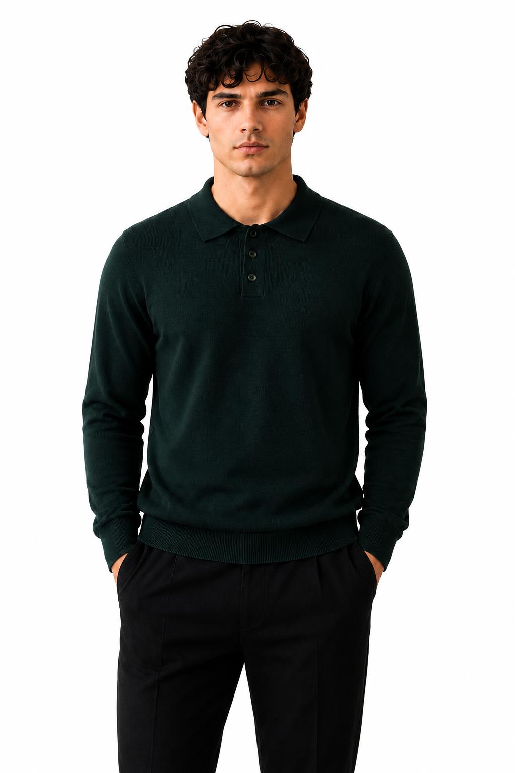 Men's Green 100% Cotton Fine Knit Button Neck Polo Jumper CAVANI