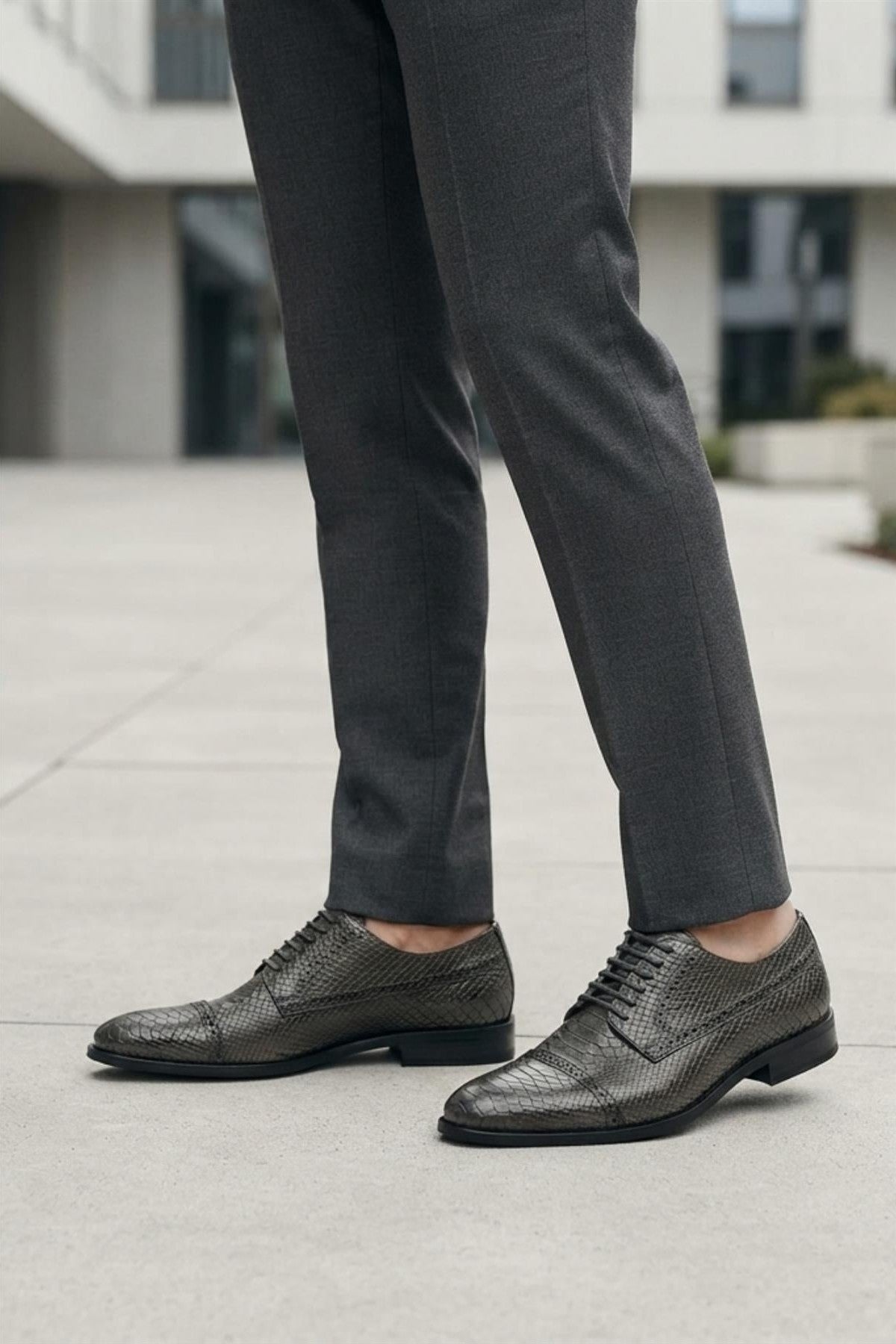 Men's Grey Embossed Faux Leather Lace up Derby Shoes Sartorial Shoes