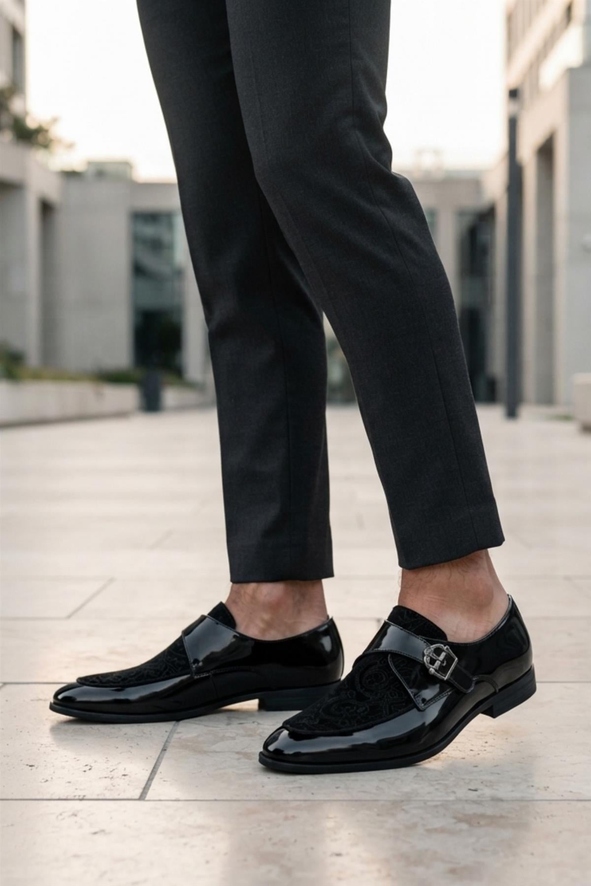 Men's Black Floral Velvet Monk Strap Dress Shoes Sartorial Shoes