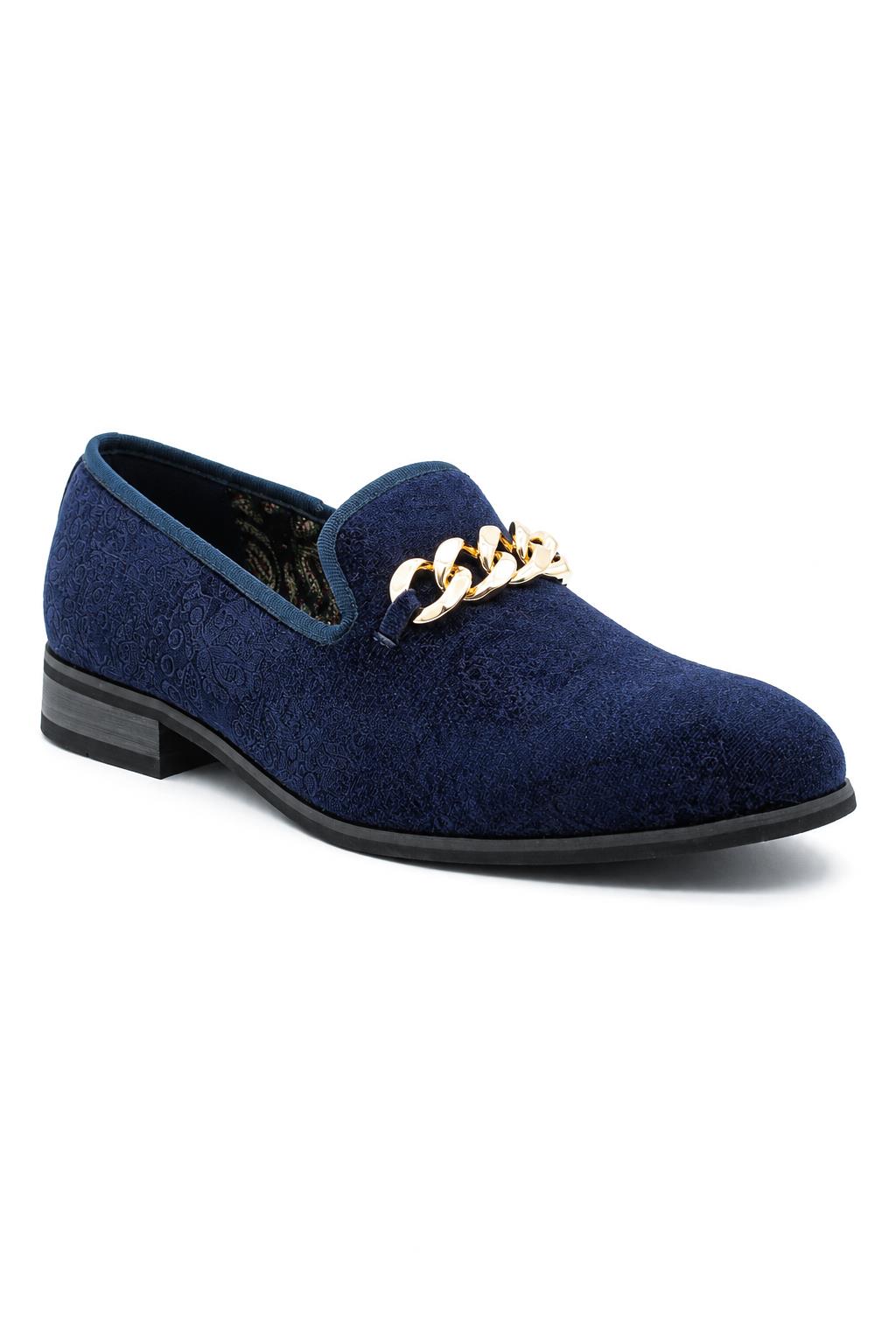 Men's Navy Floral Velvet Gold Chain Wedding Loafers Sartorial Shoes