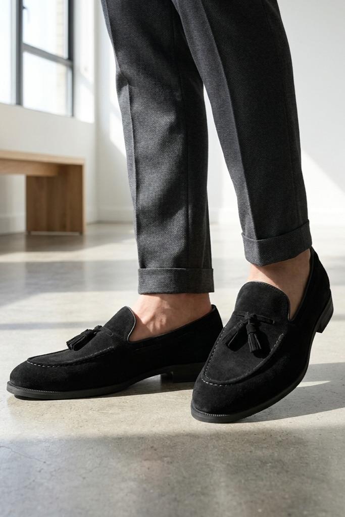 PABLO Men’s Black Real Suede Leather Tassel Loafers Sartorial Shoes
