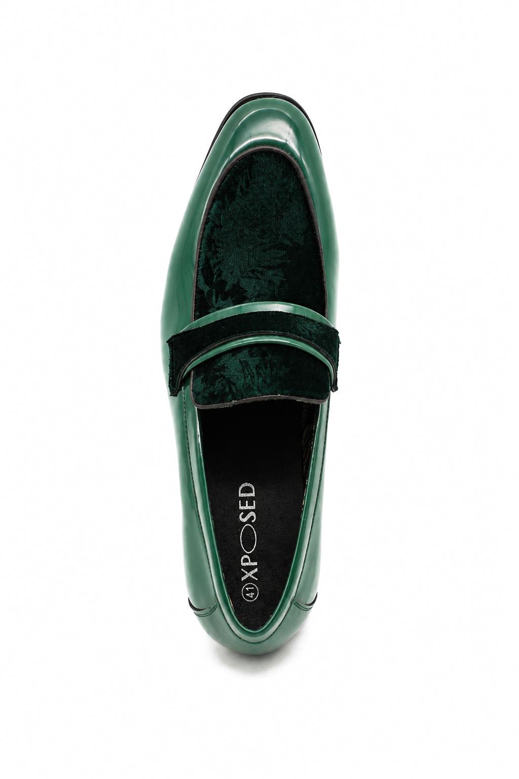 Men's Green Floral Velvet Patent Dress Loafers Sartorial Shoes
