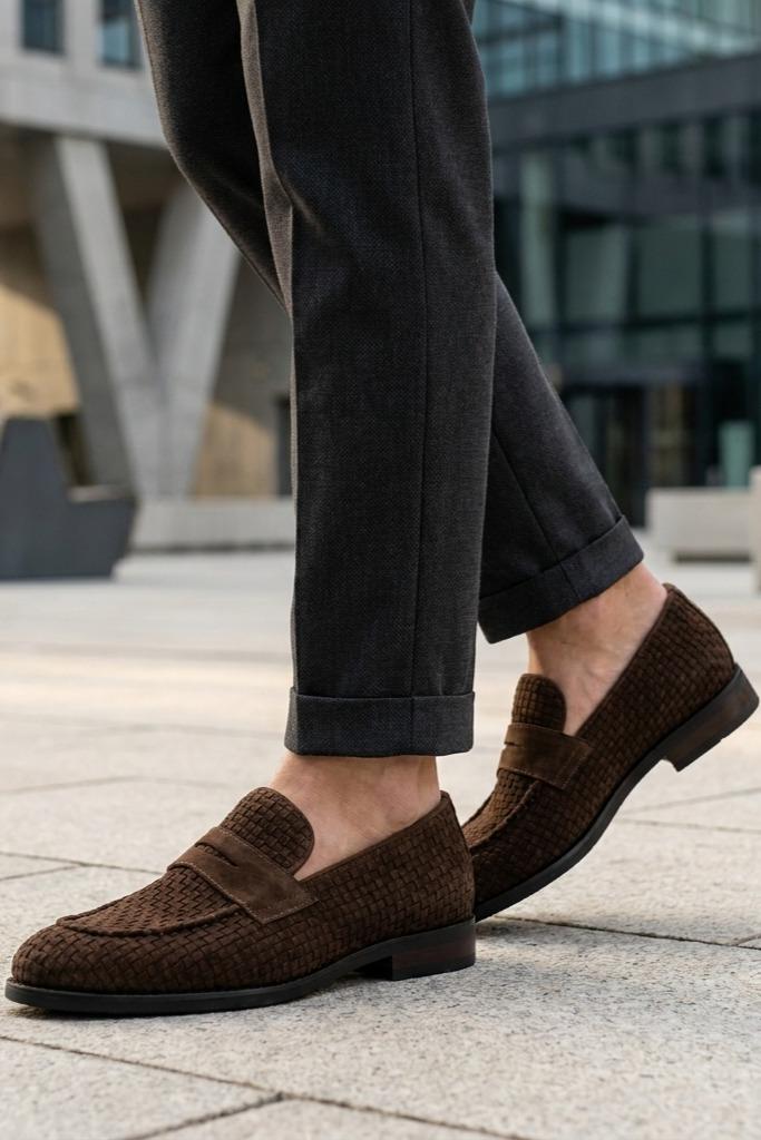 BRIO Men’s Brown Woven Suede Leather Penny Loafers Sartorial Shoes