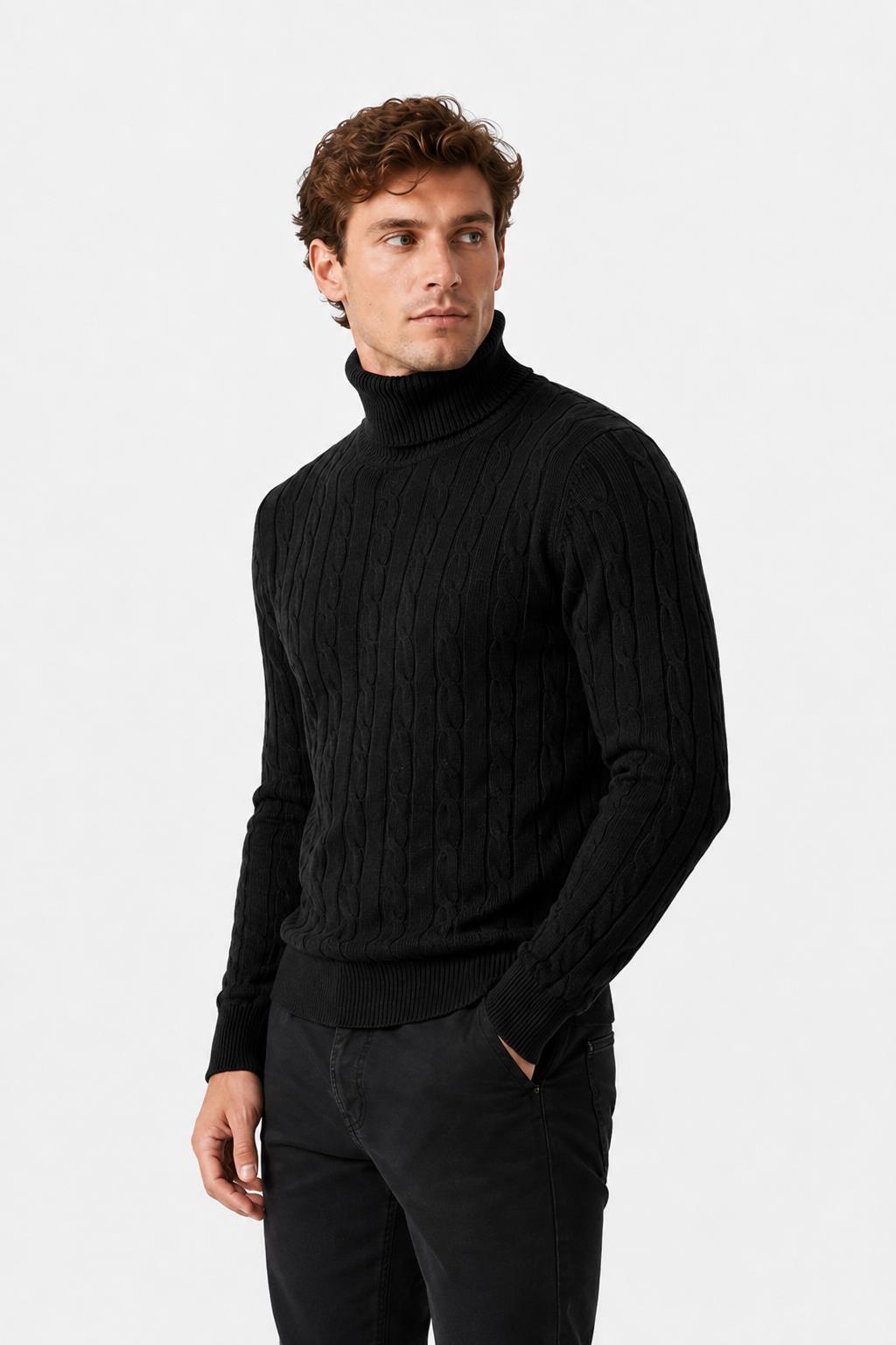 Men's Black 100% Cotton Fine Cable Knit Roll Neck Jumper CAVANI