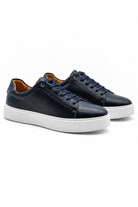 Men’s Navy Grain-Effect Faux Leather Lace-Up Trainers Sartorial Shoes