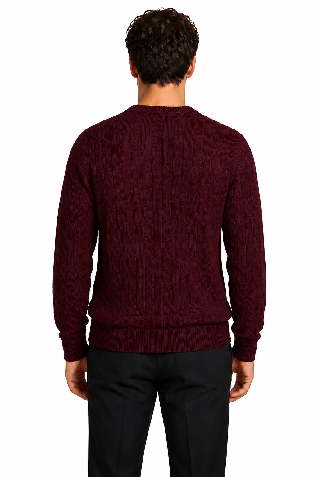 Men's Maroon 100% Cotton Fine Cable Knit Crew Neck Jumper CAVANI
