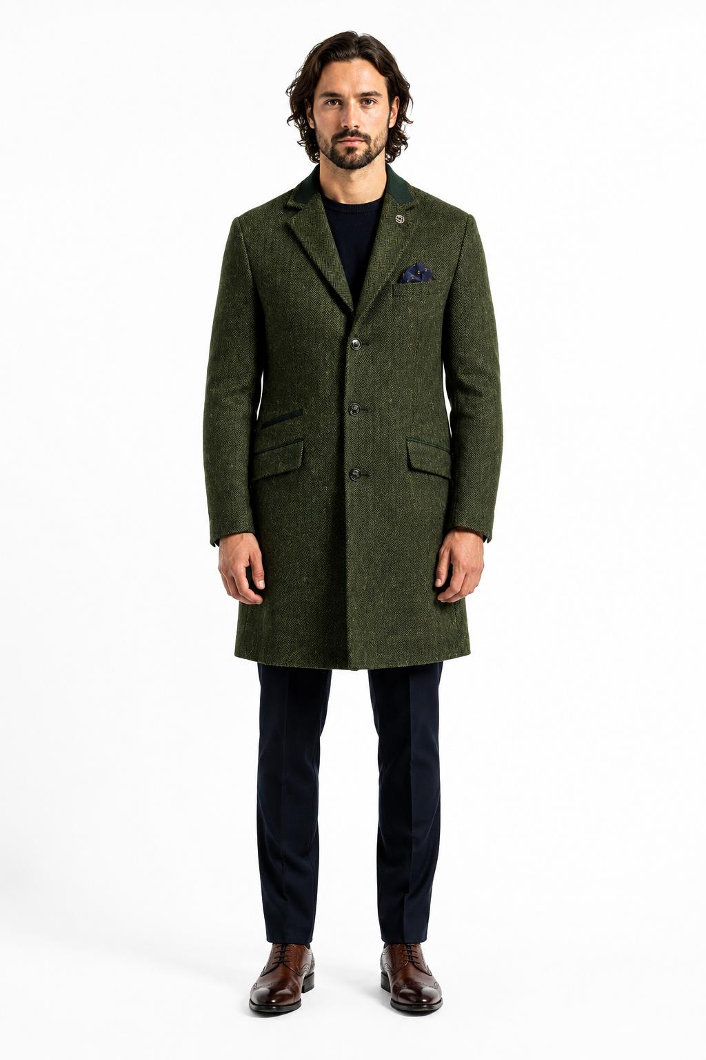 Men's Olive Green Herringbone Wool Blend Tailored Fit Overcoat CAVANI